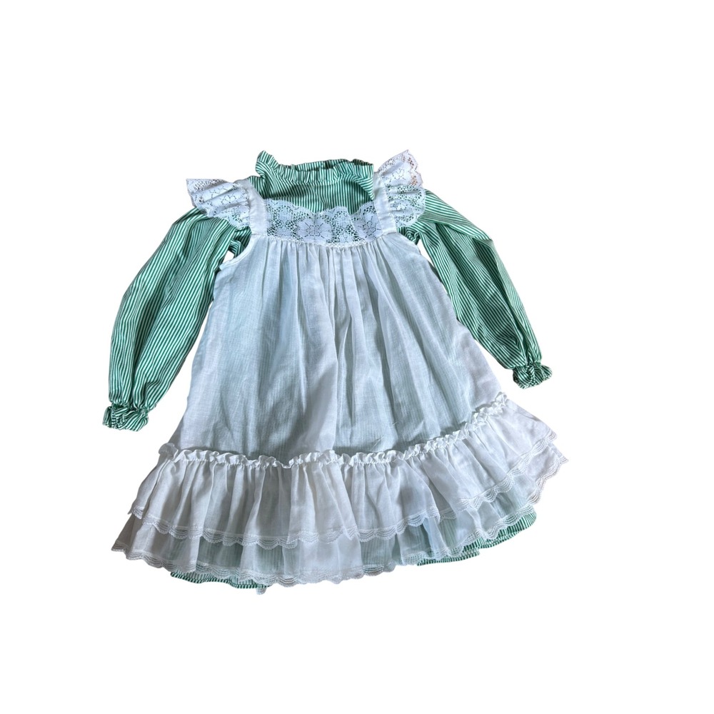 Vintage Bryan Girls Green Striped Dress and White Lace Pinafore Set 2 Piece